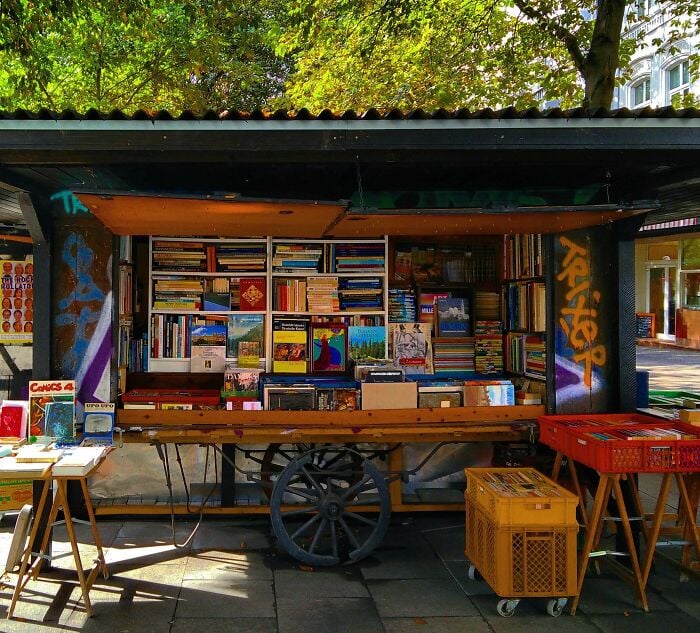 Libreria accogliente all'aperto con scaffali pieni di libri, circondata dal verde, che mostra librerie e biblioteche magiche.