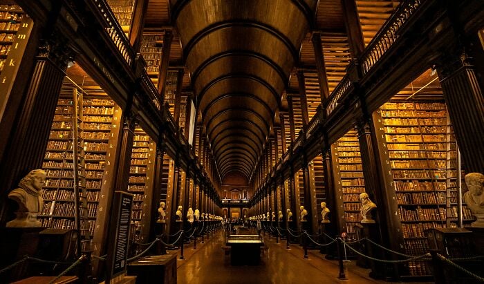 Grandiose and cosy library interior with towering bookshelves, wooden arches, and marble busts lining a grand aisle.