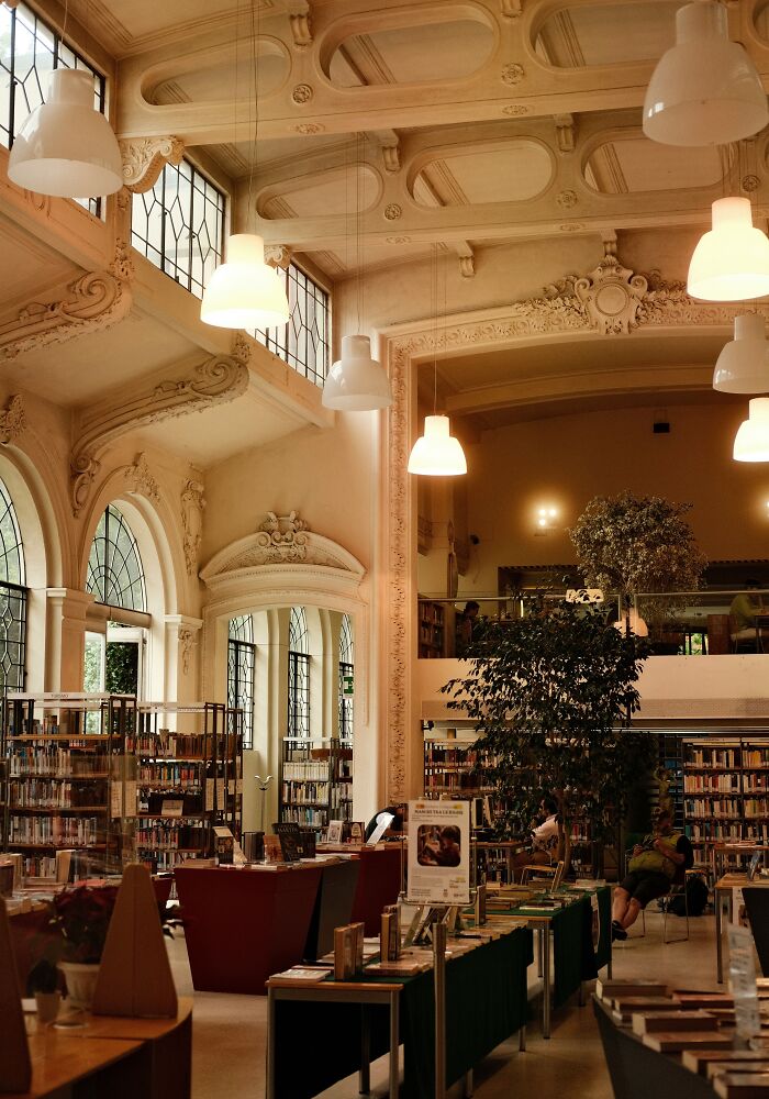 Grandiose library interior with high ceilings, ornate architecture, large windows, bookshelves, and cozy reading areas.