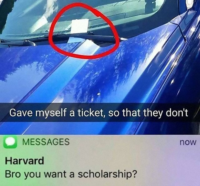 Blue car windshield with a self-given parking ticket circled in red, meme explaining humor for those who just don't get it.